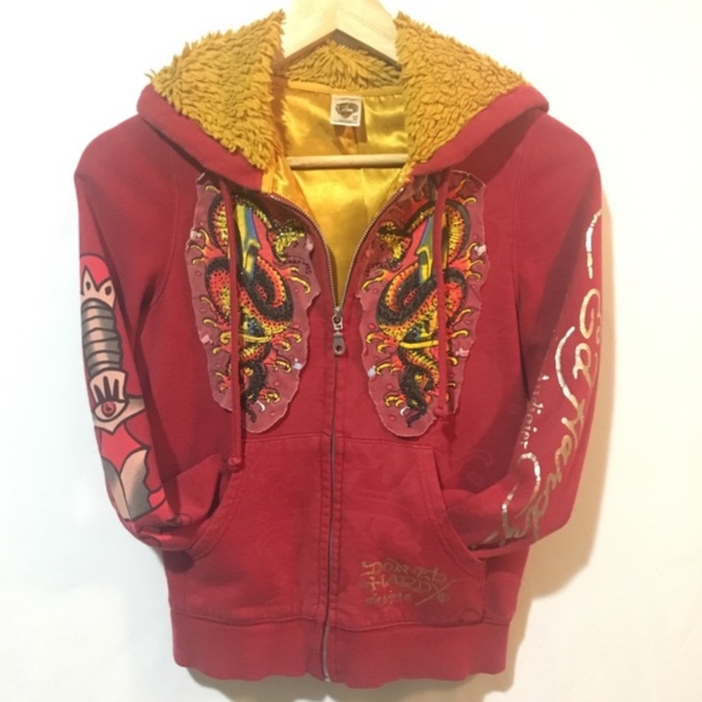 Ed hardy red & gold rhinestone fluffy hoodie - Picture 8 of 8